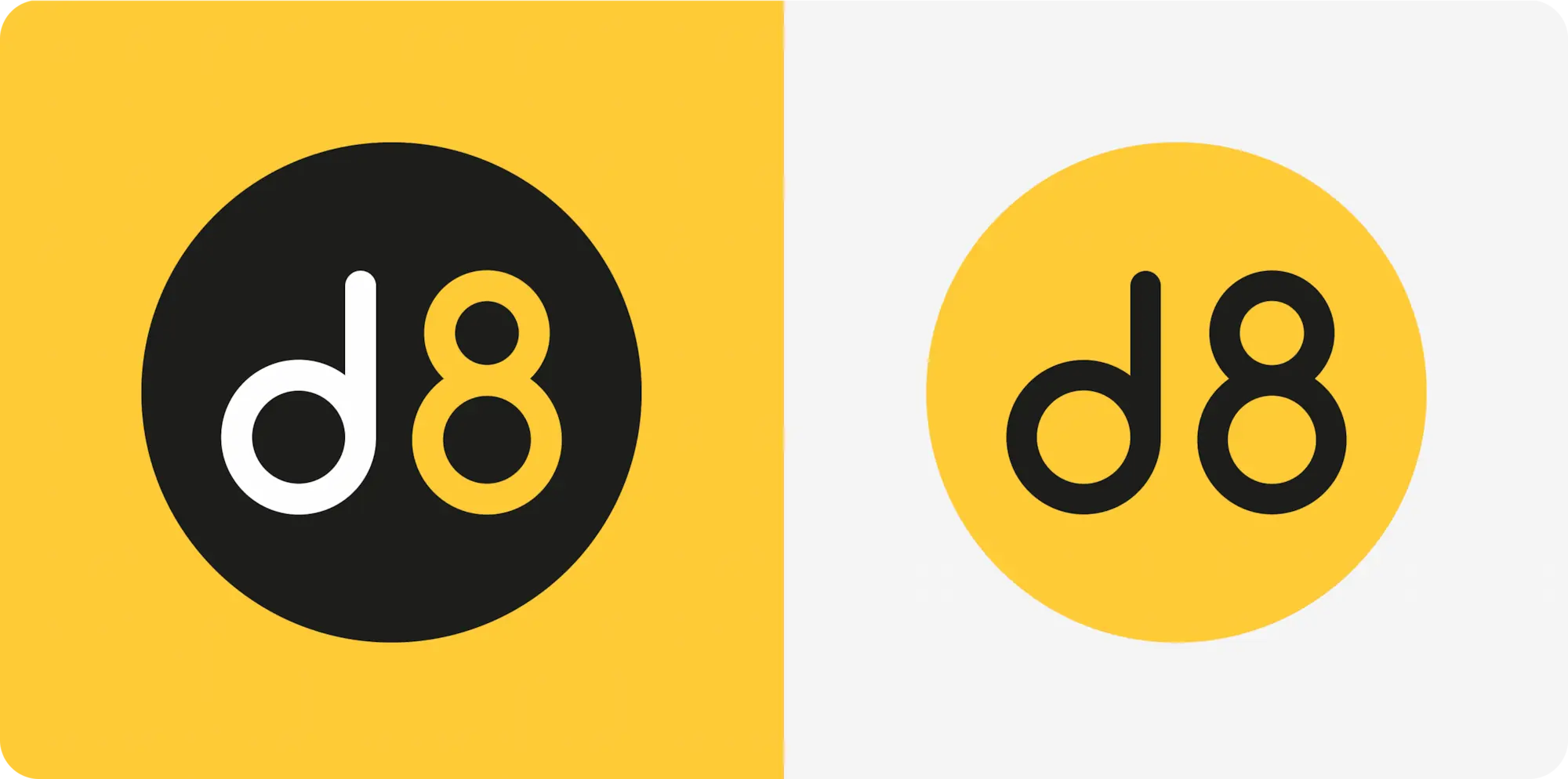 Icône d8 du logo deevy 8 : deux déclinaisons de couleur sur fond jaune et fond gris.