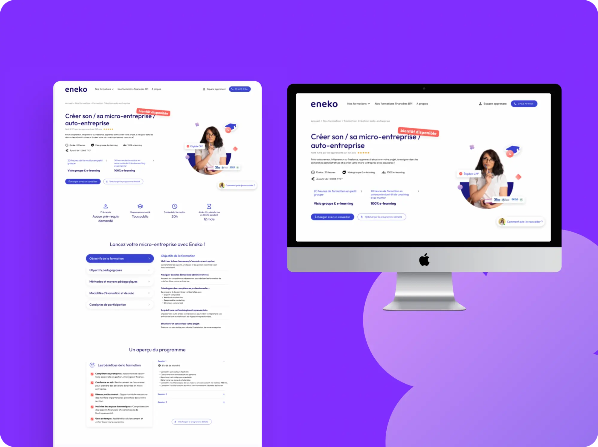 Mockup du webdesign de la landing page de formation Créer sa micro entreprise pour Eneko Formation