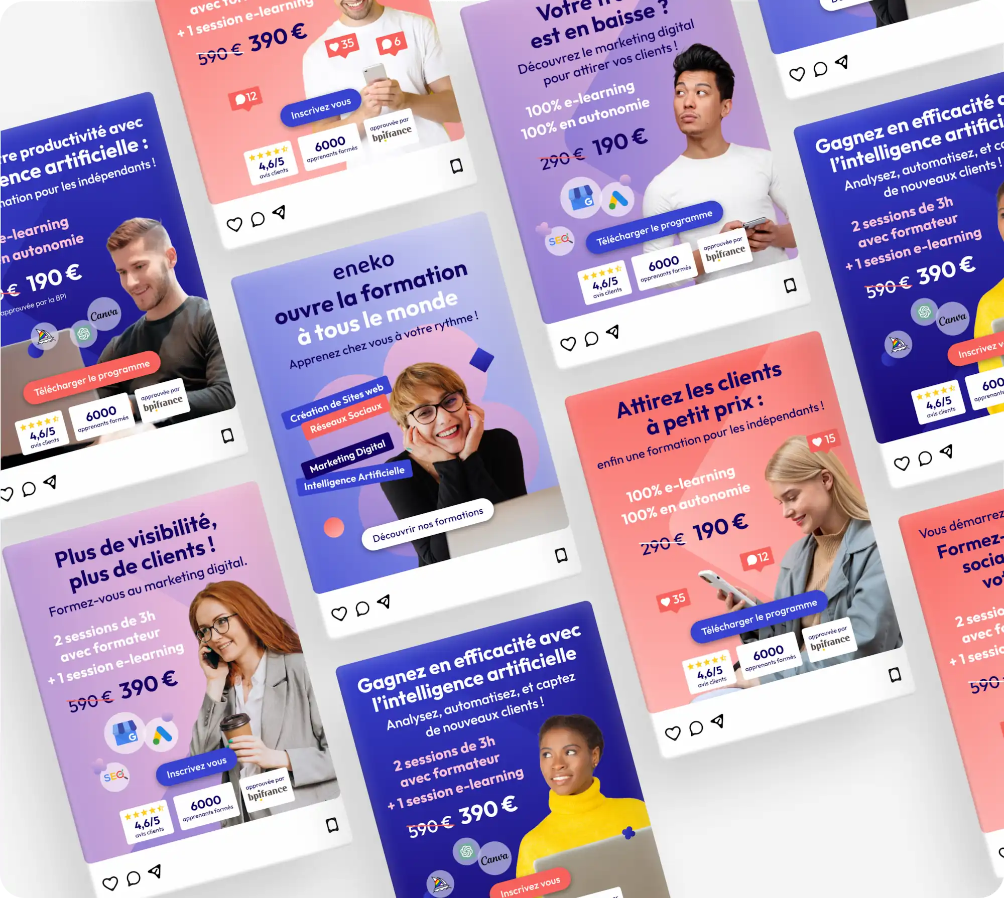 Présentation du graphisme des visuels des campagnes ADS pour réseaux sociaux de Eneko Formation