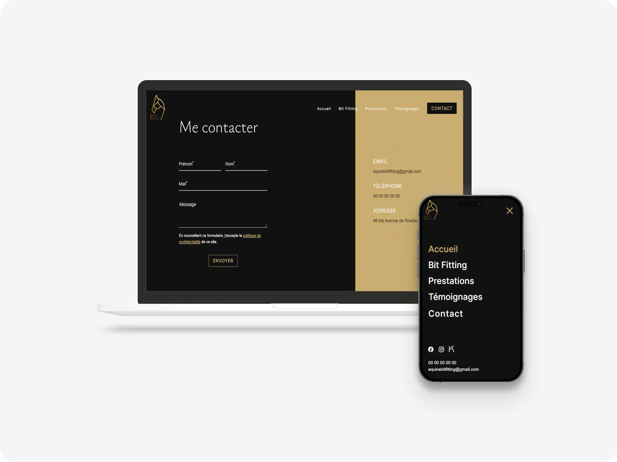Mockup ordinateur de la page contact et mockup smartphone du menu du site vitrine de Equine Bit Fitting