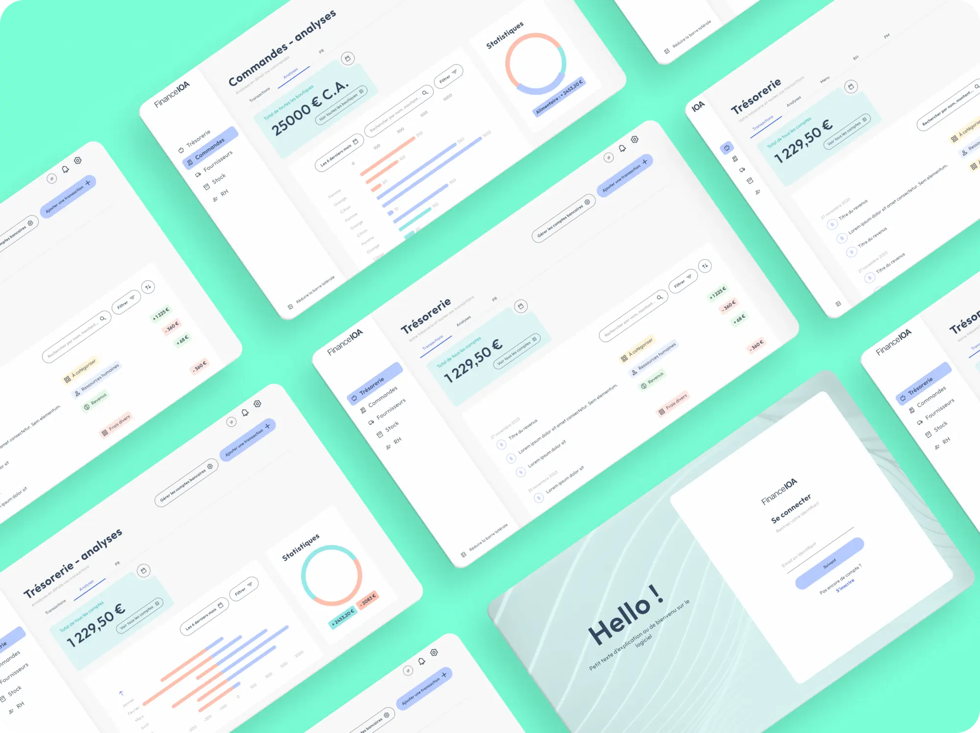 Plusieurs vue du logiciel de comptabilité Finance IOA (graphiques, connexion, Dashboard, transactions et analyses)