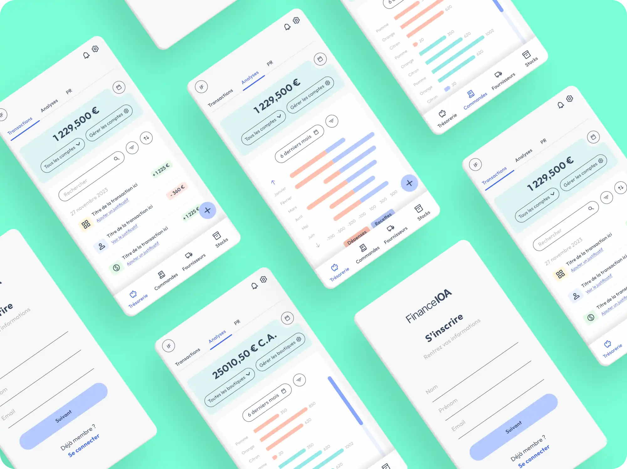 Plusieurs vues mobiles de l'application Finance IOA