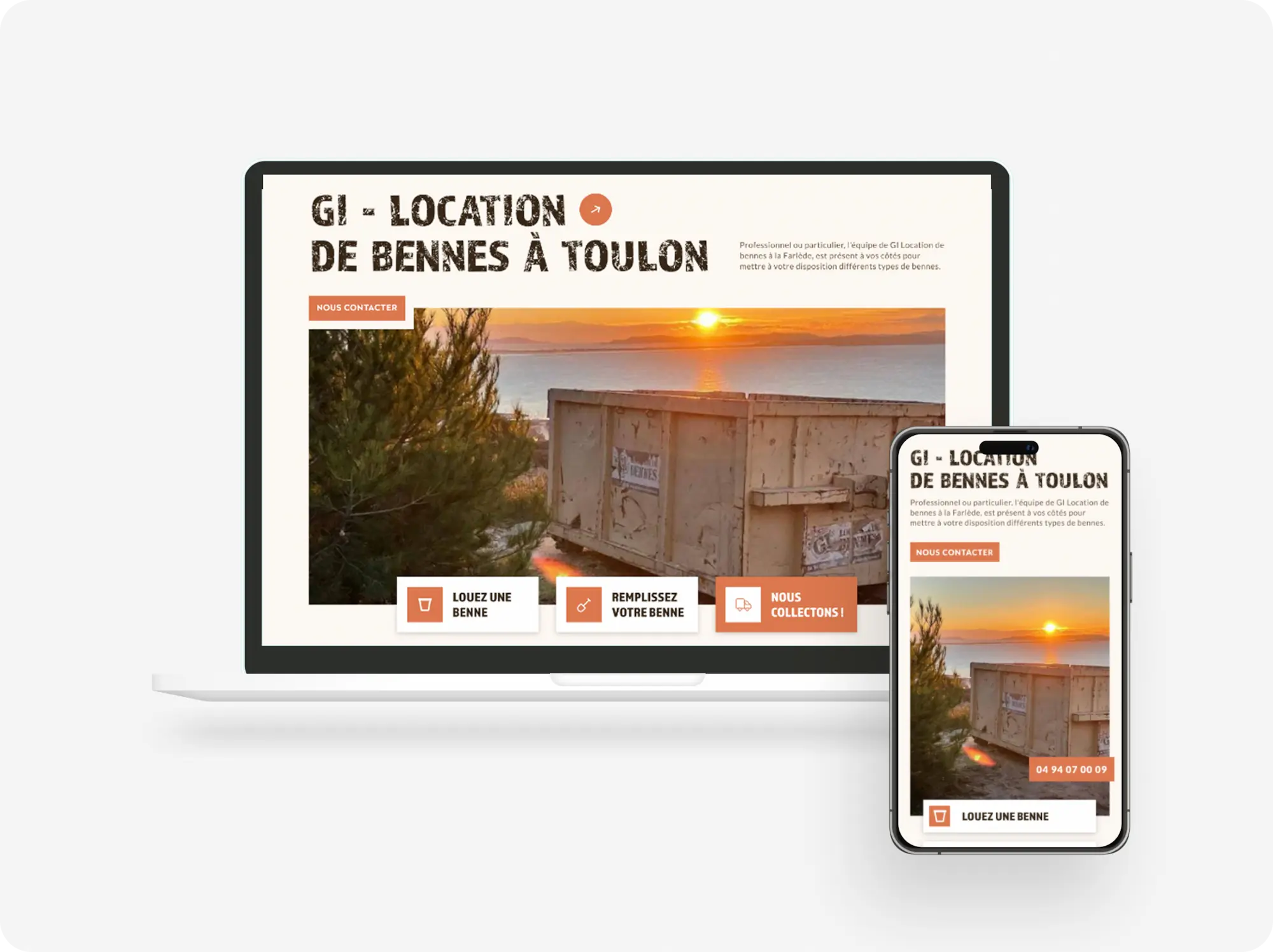 Vue desktop et mobile de la page d'accueil Gi Location de bennes