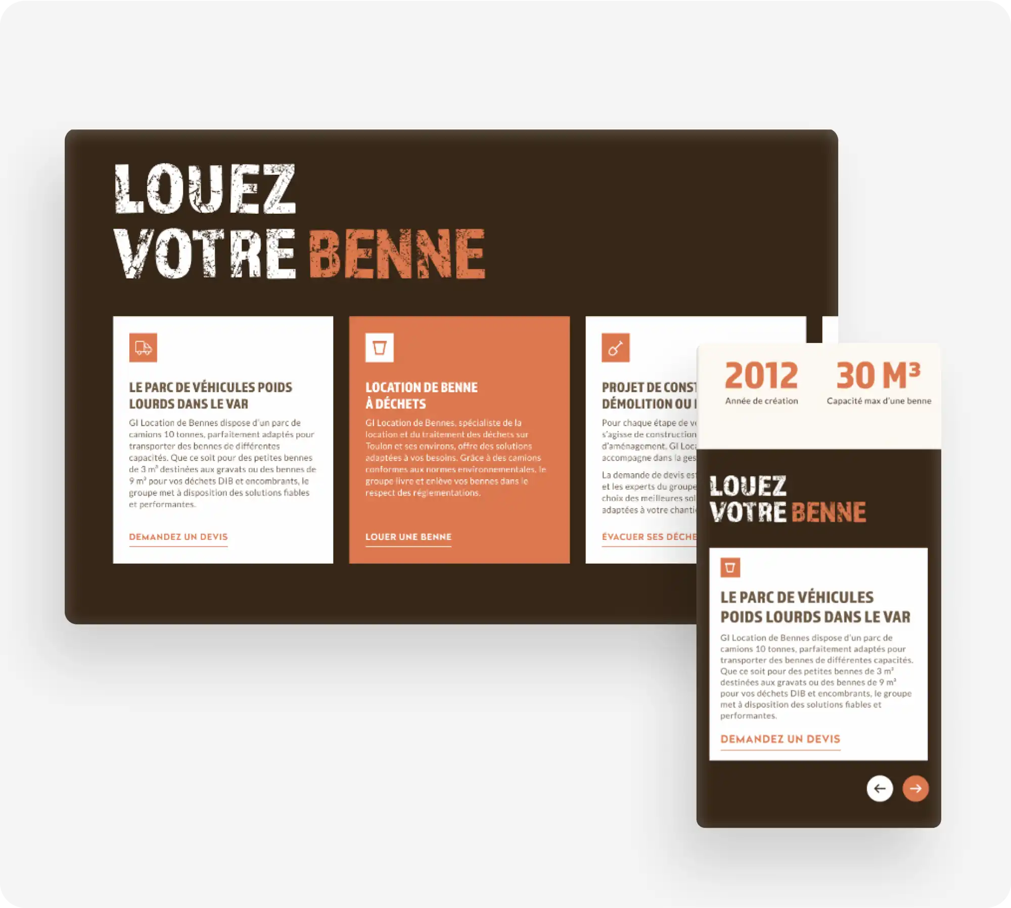 Vue desktop et mobile du slider services de GI location de bennes