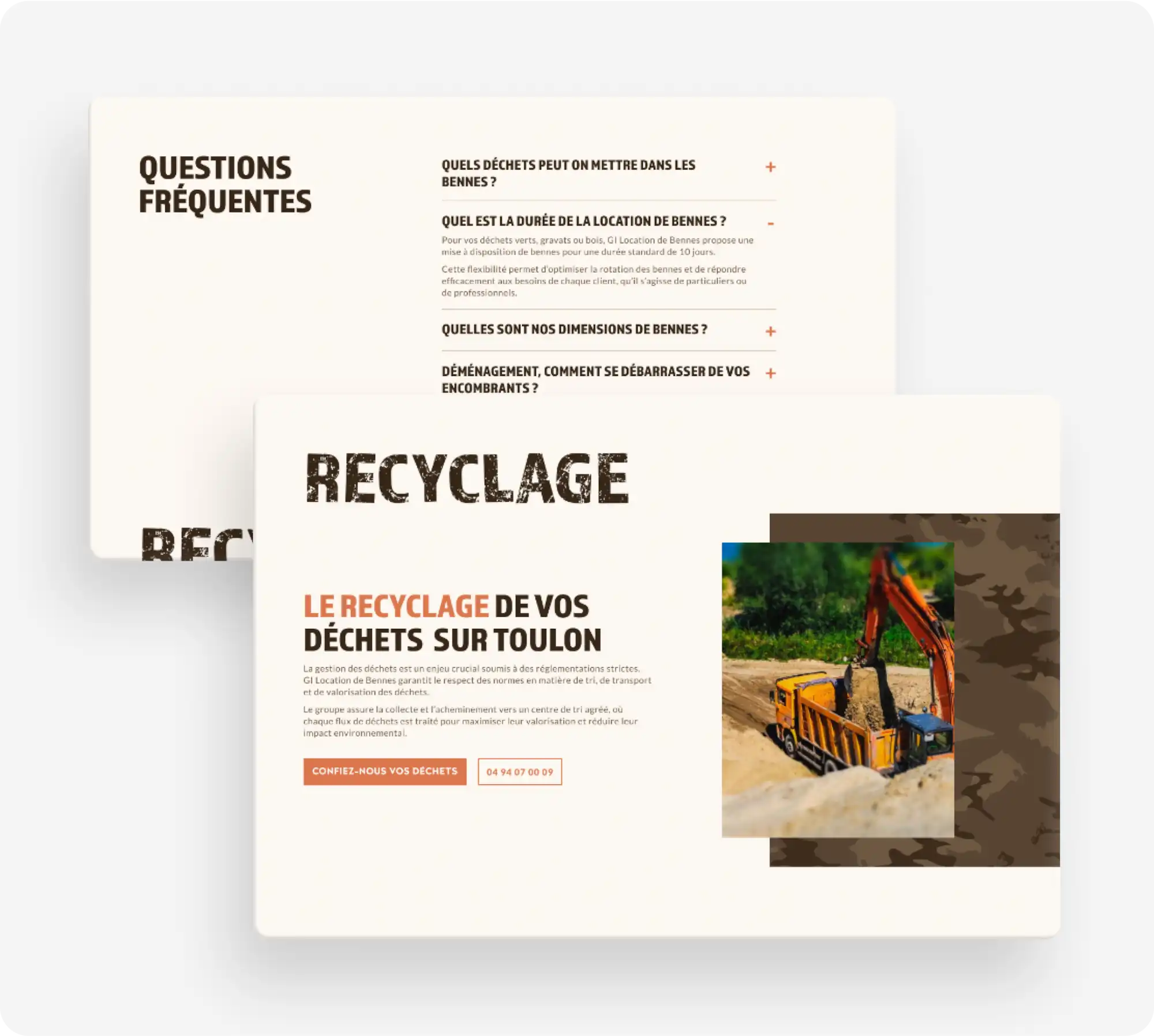Présentation des sections FAQ et Recyclage du site GI Location de bennes