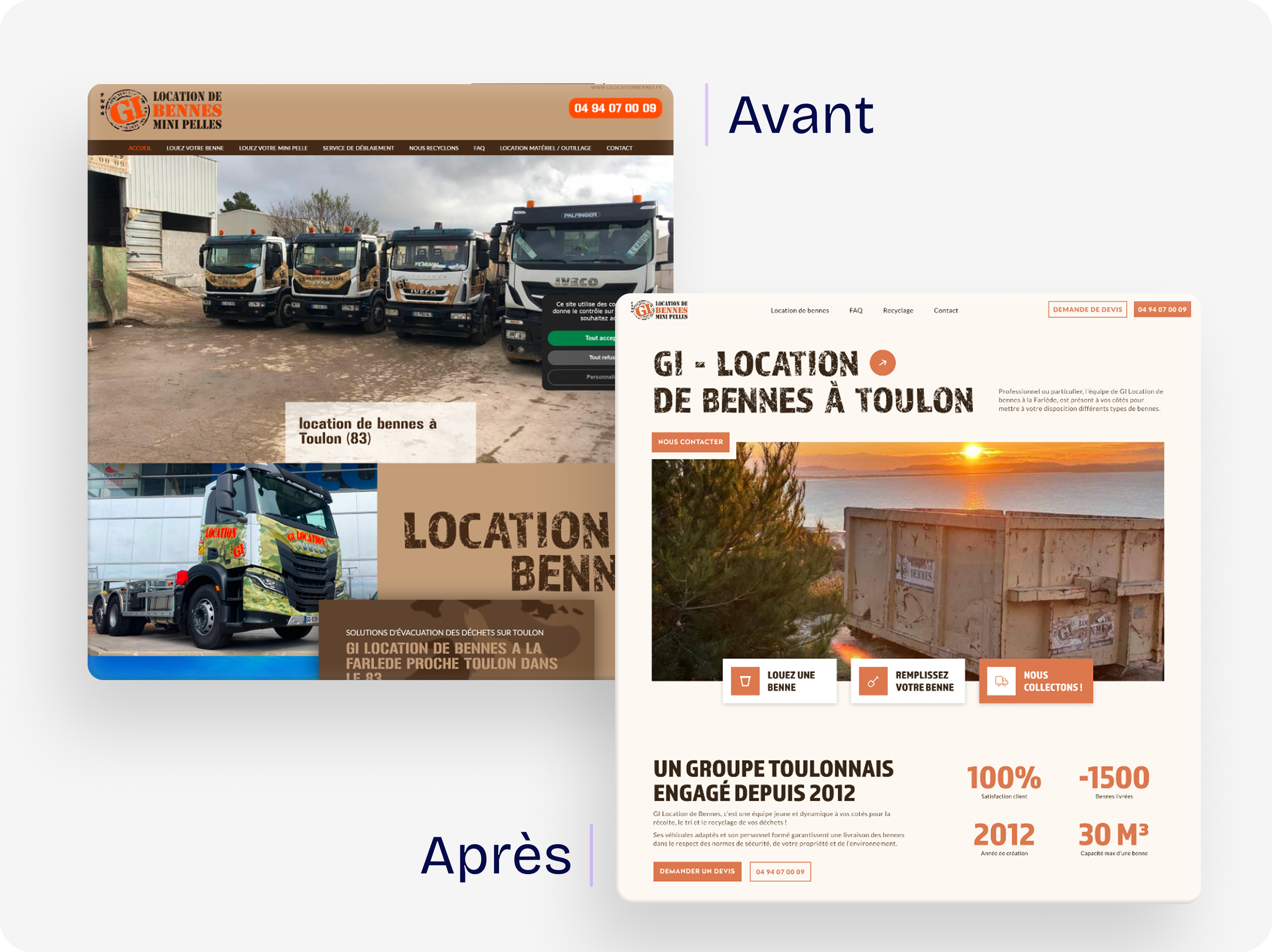 Visuel avant et après de la refonte design du site web GI location de bennes