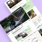 Aperçu en mosaïque du site web de Gravitylab sur fond violet, pages présentant la boutique de vélo spécialisée avec hero image de VTT, sections location de vélo, catalogue des modèles disponibles et logos de marques partenaires dont Specialized, POC et Pivot