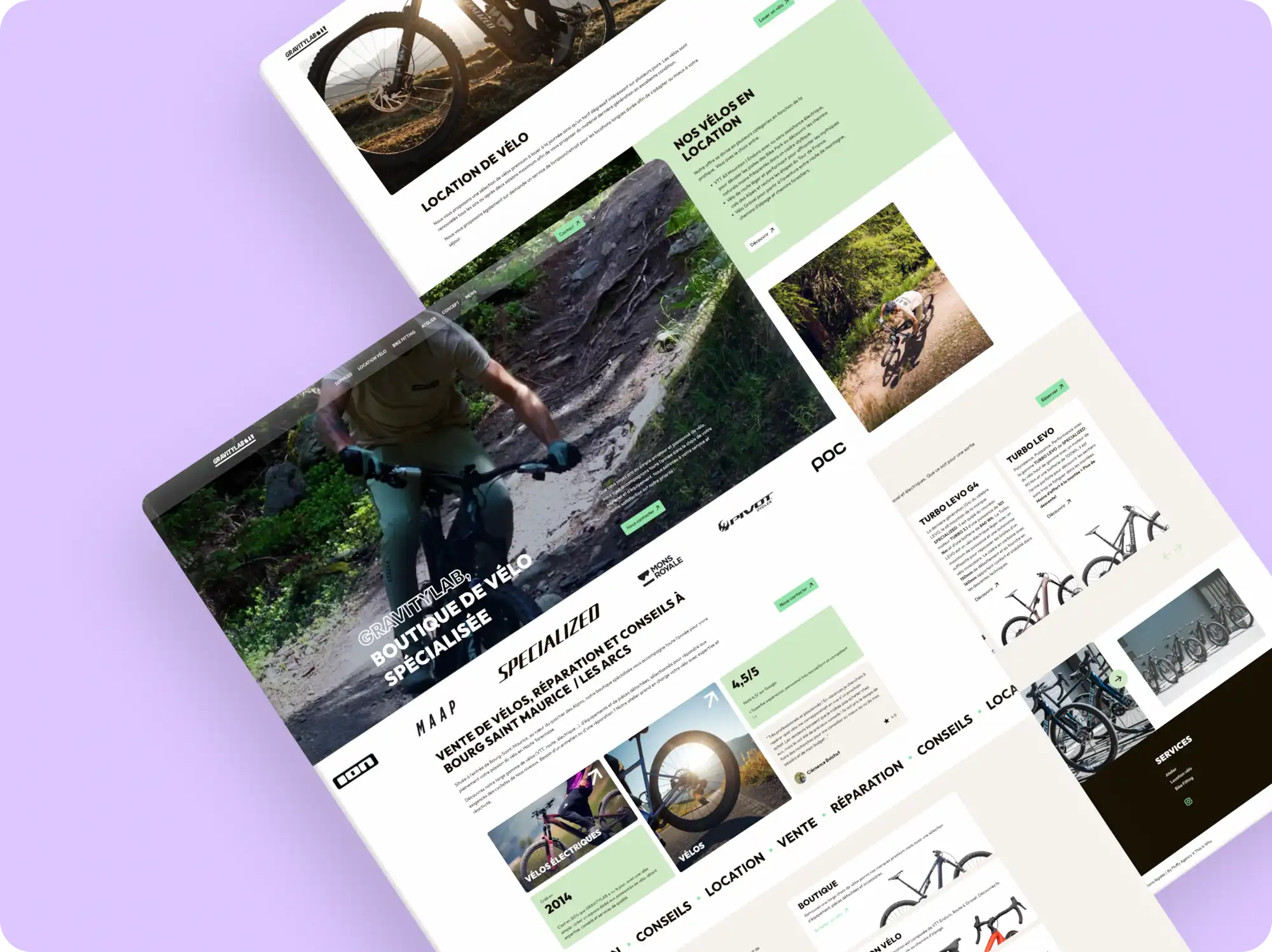 Aperçu en mosaïque du site web de Gravitylab sur fond violet, pages présentant la boutique de vélo spécialisée avec hero image de VTT, sections location de vélo, catalogue des modèles disponibles et logos de marques partenaires dont Specialized, POC et Pivot