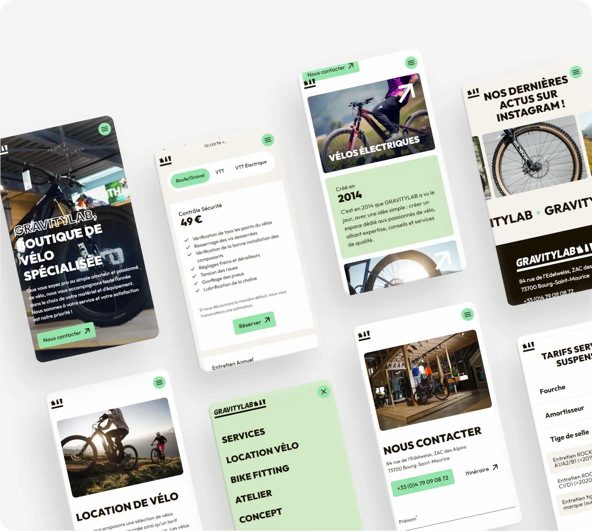 Présentation responsive du site Gravitylab sur plusieurs écrans mobiles : pages d'accueil, menu de navigation, location de vélo, vélos électriques, contact et tarifs de services de suspension - interface en noir, blanc et vert
