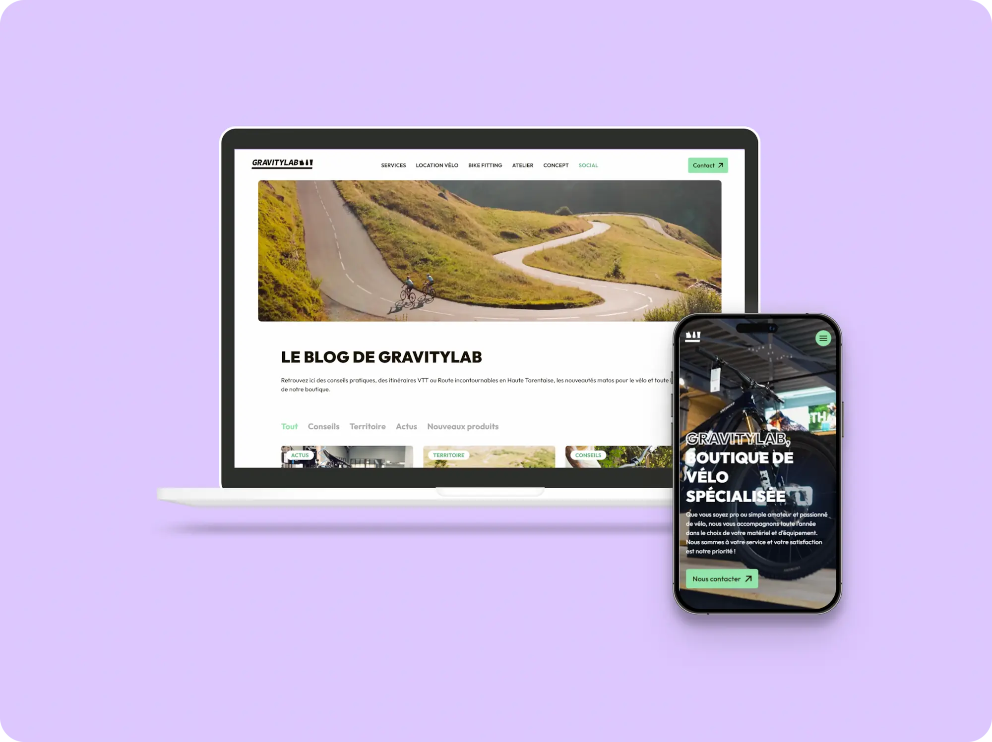 Affichage du site Gravitylab sur ordinateur portable et smartphone sur fond violet : version desktop montrant le blog avec une route de montagne en bannière, version mobile montrant la page d'accueil de la boutique avec vélos en arrière-plan