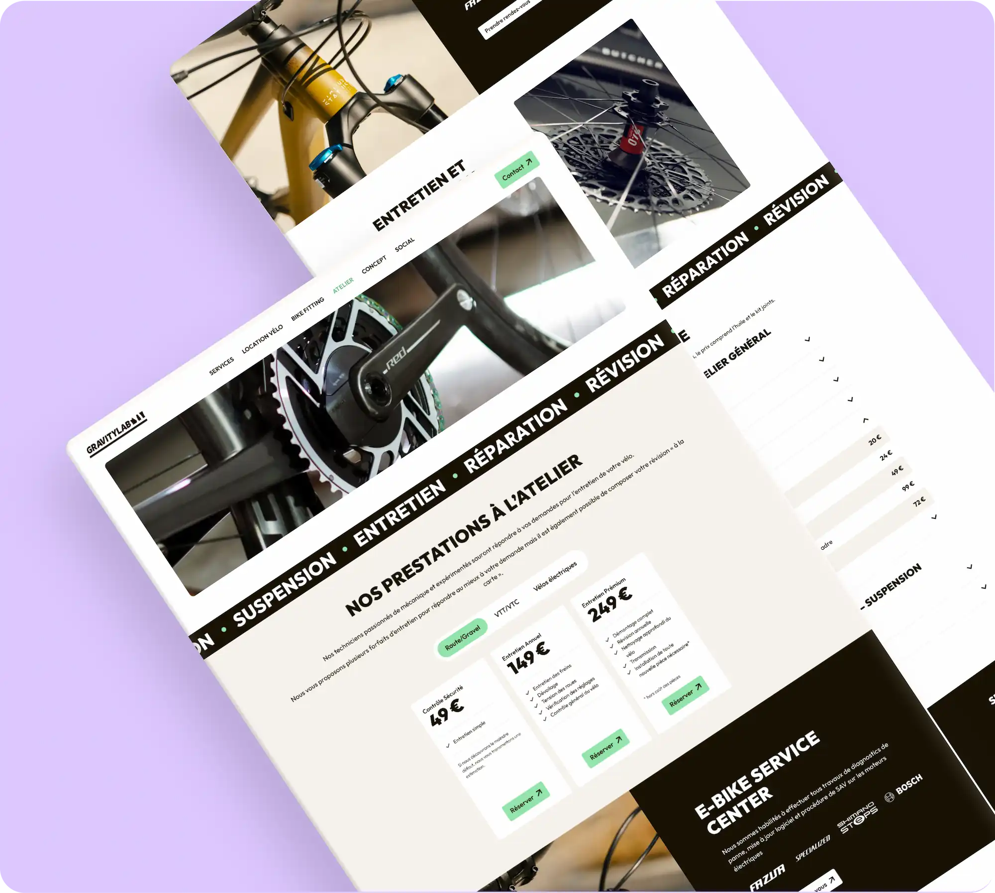 Pages du site Gravitylab consacrées à l'atelier sur fond violet : close-ups de composants vélo (pédalier RED, cassette) et présentation des forfaits d'entretien avec les tarifs - Contrôle Sécurité 49€, Entretien Annuel 149€, Entretien Premium 249€ et section E-Bike Service Center