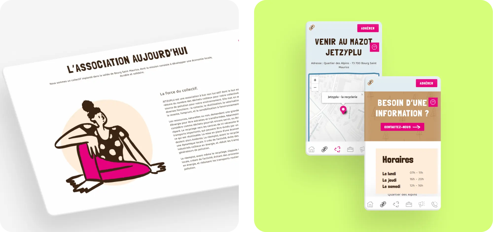 Page de présentation de l'association du site de Jetzyplu version desktop. A côté, deux vue mobile de la carte et des horaires du site de Jetzyplu.