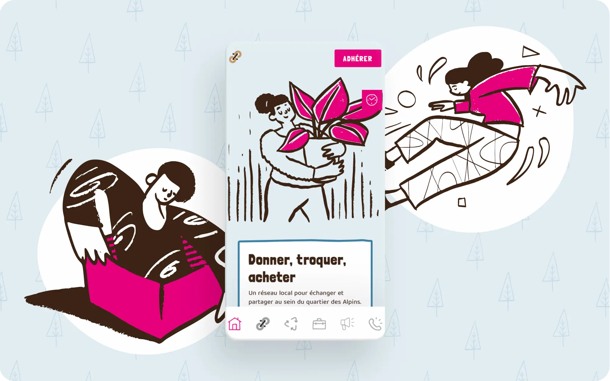 Vue mobile de la page d'accueil du site Jetzyplu avec deux illustrations vectorielles de personnages au style dessin à la main