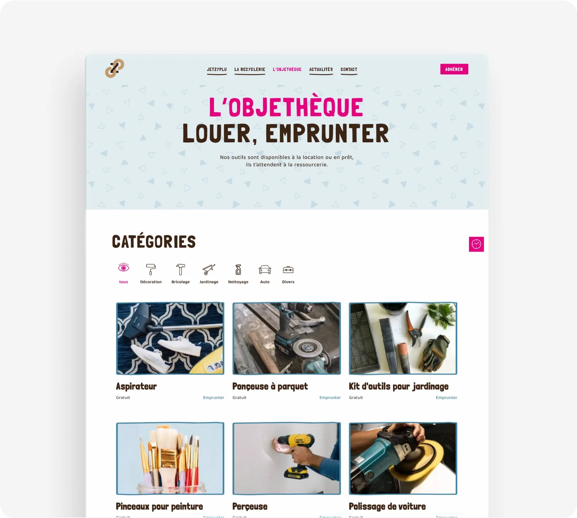 Présentation de la page Objethèque du site web Jetzyplu, avec plusieurs outils en location