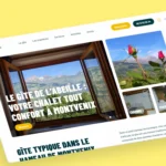 Page d'accueil du site Le Gîte de l'Abeille en version desktop : slider avec vue sur les Alpes depuis une fenêtre en bois ouverte, roses rouges en montagne, et vignettes des deux chambres