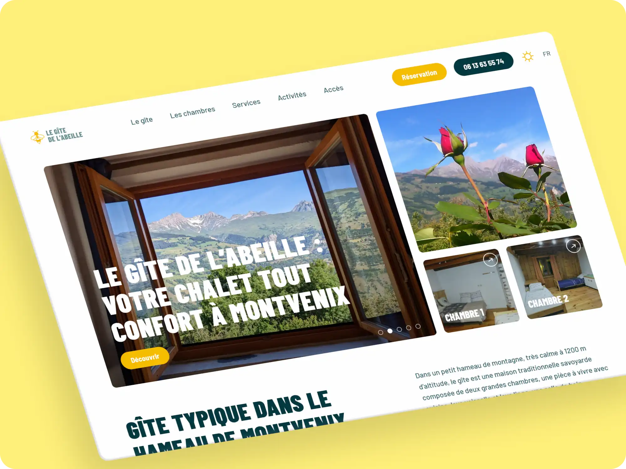 Page d'accueil du site Le Gîte de l'Abeille en version desktop : slider avec vue sur les Alpes depuis une fenêtre en bois ouverte, roses rouges en montagne, et vignettes des deux chambres