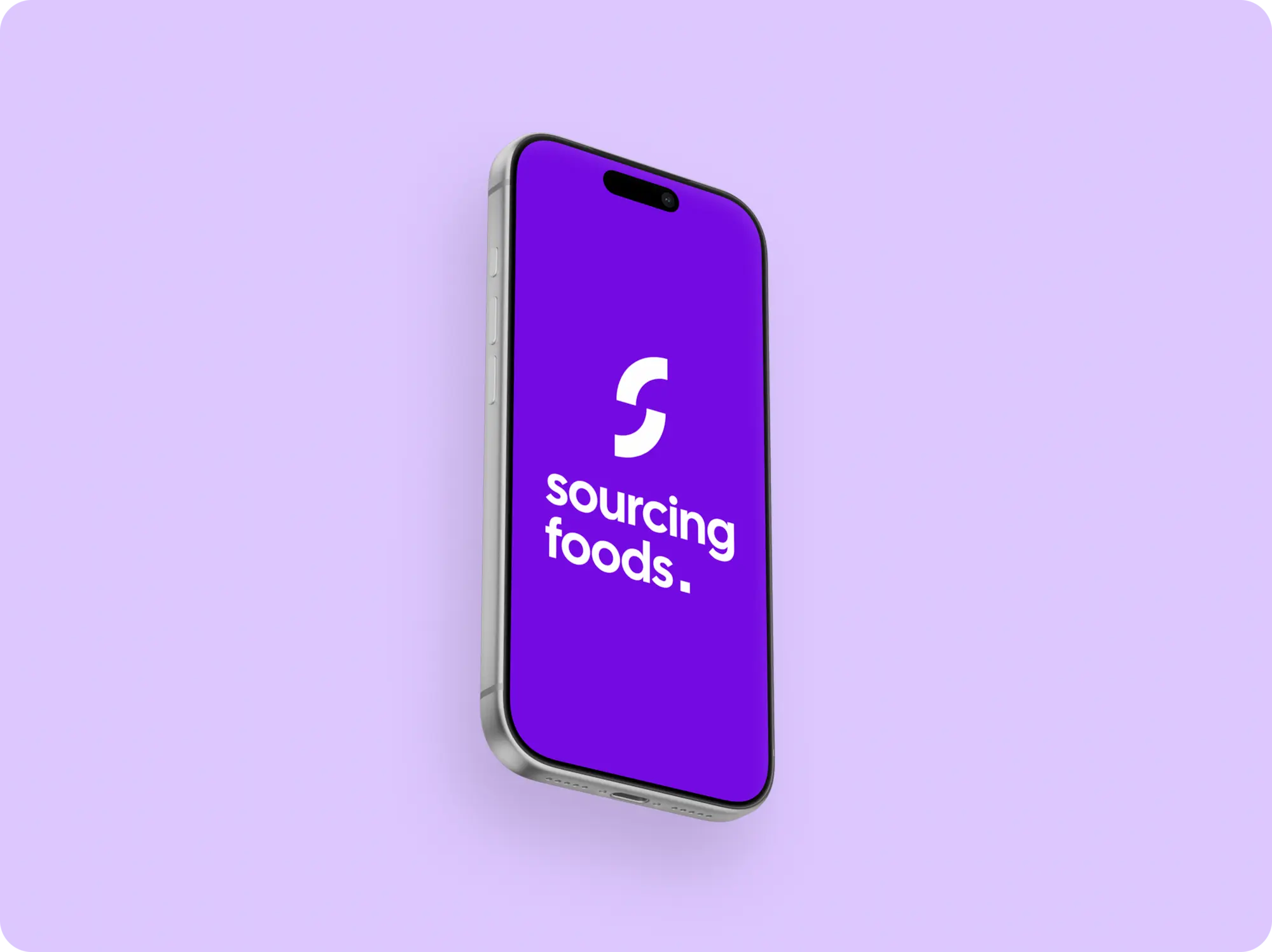 Écran de démarrage de l'application Sourcing Foods sur iPhone : logo "S" en blanc et nom de marque sur fond violet