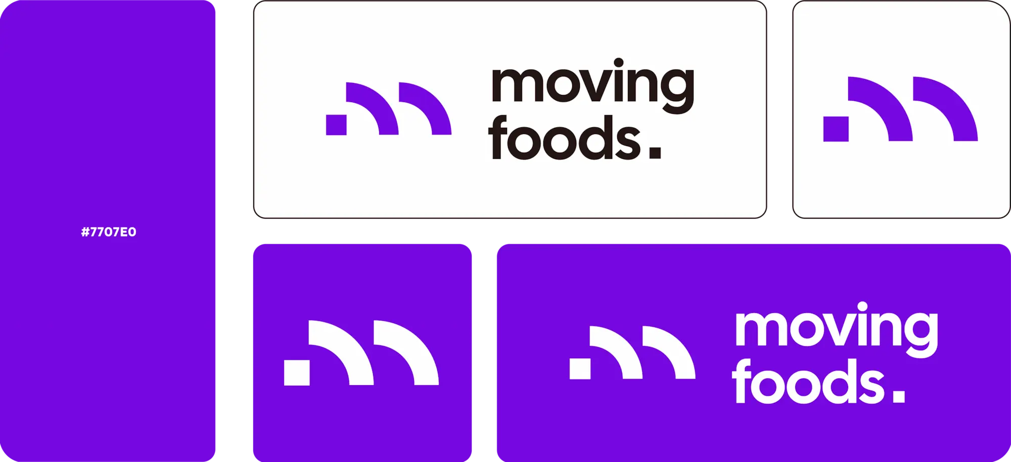 Planche de charte graphique du logo Moving Foods présentant quatre déclinaisons sur fond blanc et fond violet
