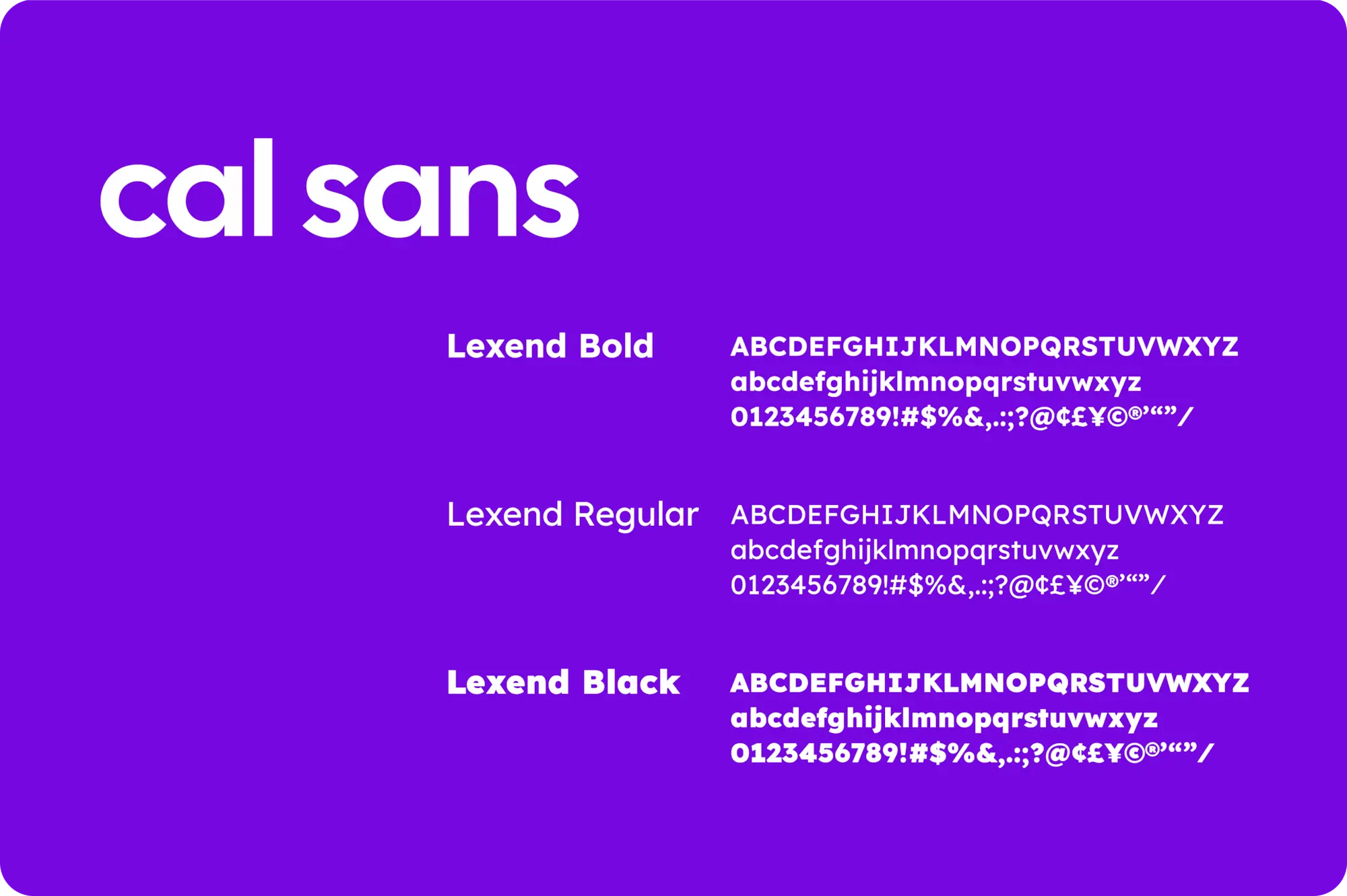 Planche typographique de l'identité Sourcing Foods sur fond violet : police titre Cal Sans et trois graisses de la police Lexend (Bold, Regular, Black) avec spécimen complet de caractères