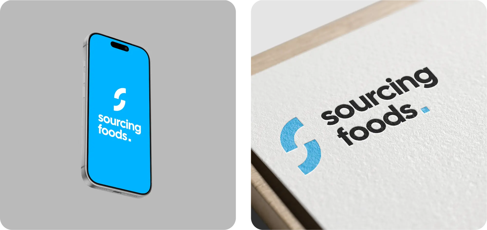 Deux supports de l'identité Sourcing Foods : maquette iPhone avec écran de démarrage bleu, et carte de visite texturée avec le logo bleu imprimé sur papier blanc épais