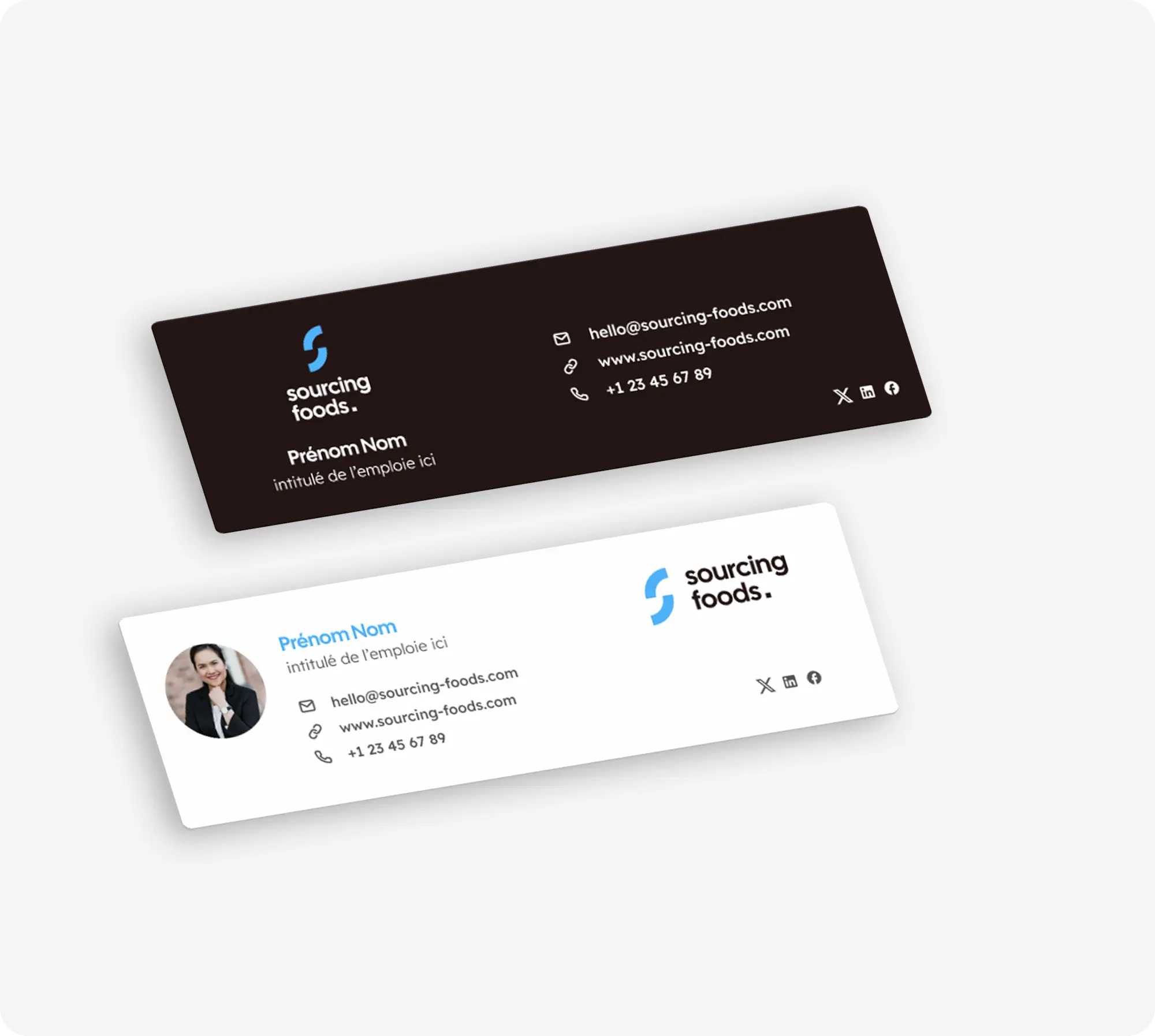 Deux modèles de signature email Sourcing Foods : version sombre sur fond noir avec logo et coordonnées, et version claire avec photo de profil, nom, poste et liens réseaux sociaux