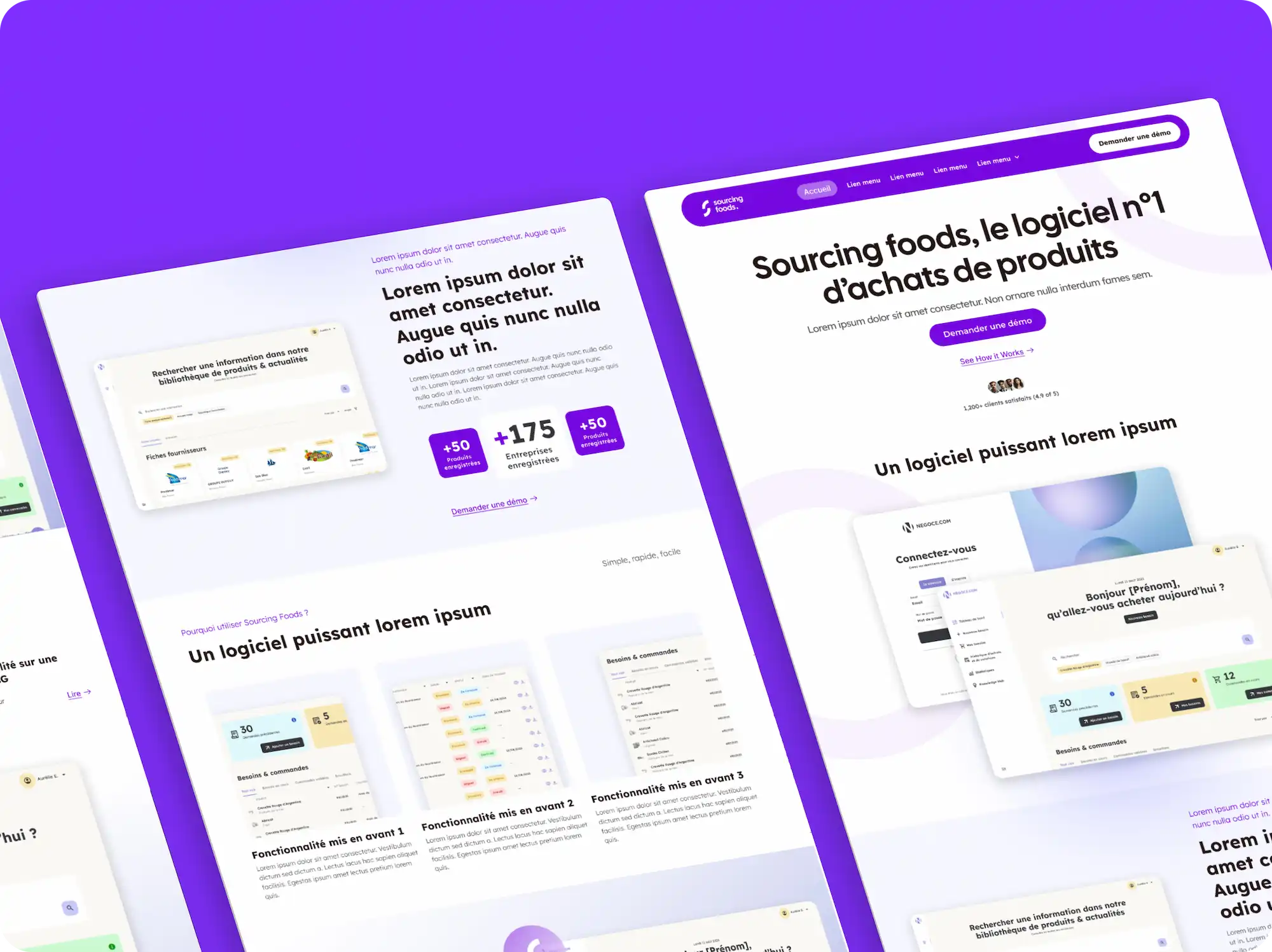 Deux captures desktop du site Sourcing Foods présentant la page d'accueil du logiciel d'achats de produits alimentaires, avec hero, chiffres clés, captures de l'interface et section fonctionnalités, sur fond violet
