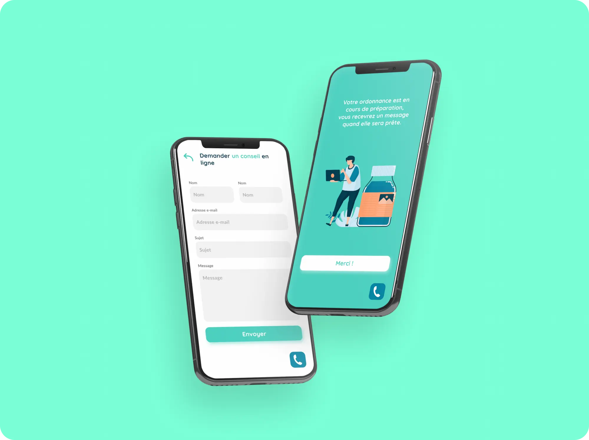 Présentation mobile de la page accueil et contact du site de la pharmacie des Monts Jura