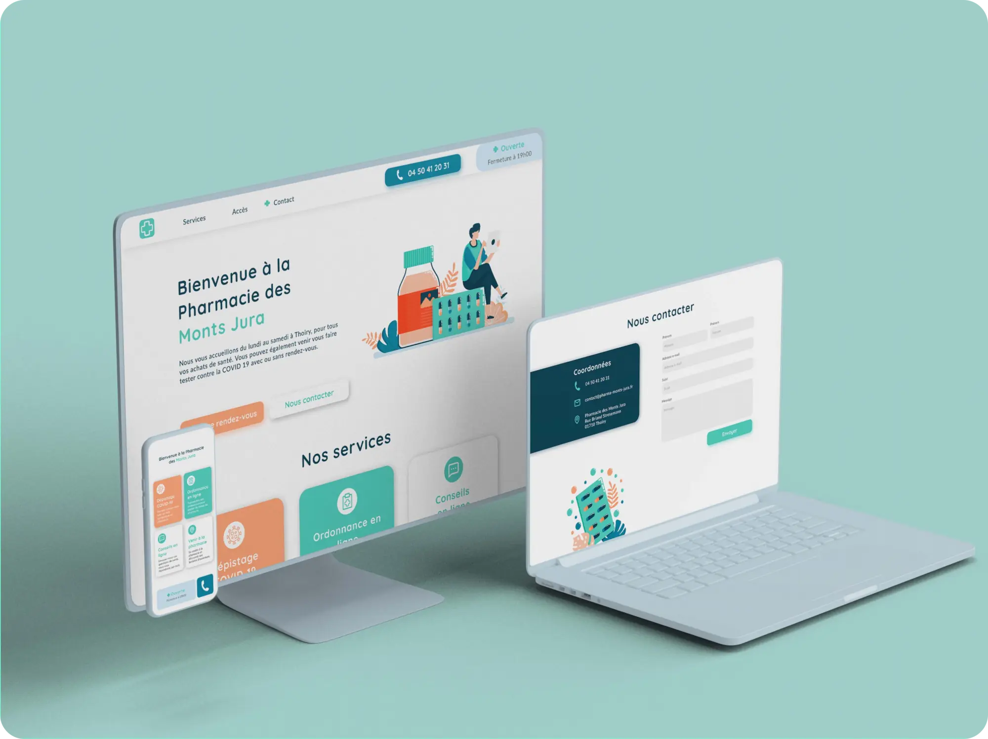 Mockup sur ordinateur, grand écran et smartphone de la pharmacie des Monts Jura