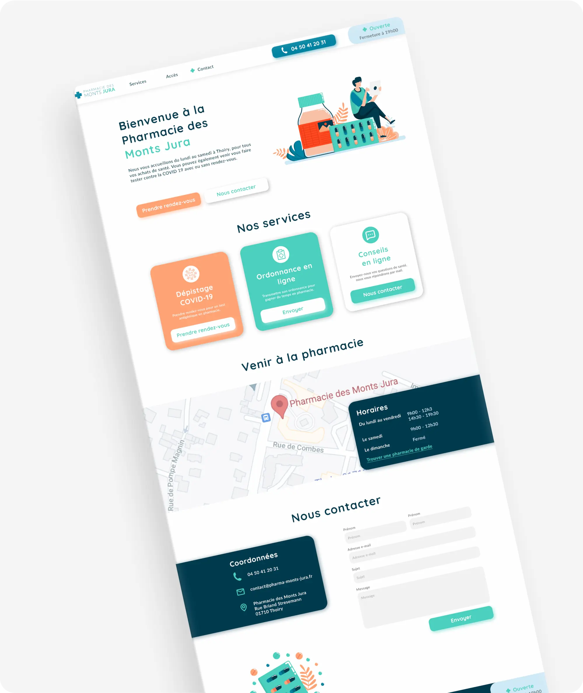 Webdesign de la page web complète du site de la pharmacie des Monts Jura