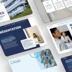 Plusieurs mises en page graphiques du dossier de présentation de Place des Energies : gestion syndic, présentation, solutions