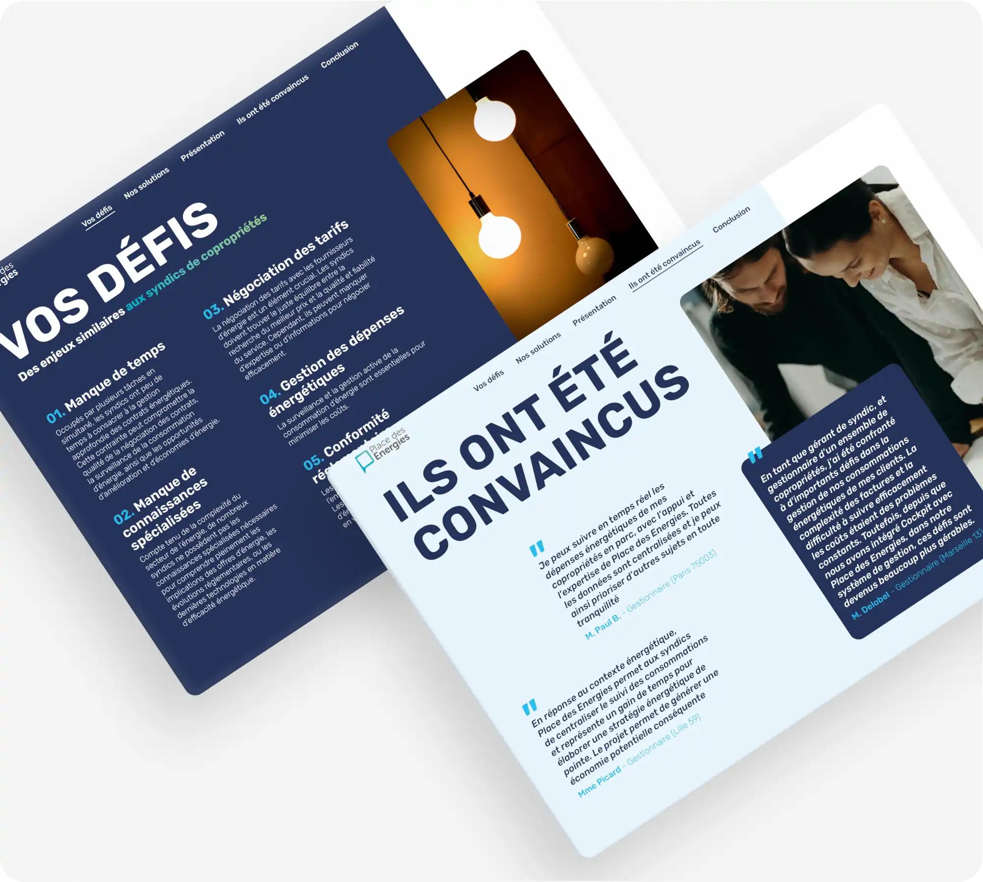 2 pages du dossier de présentation de Place des Energies : défis et avis clients