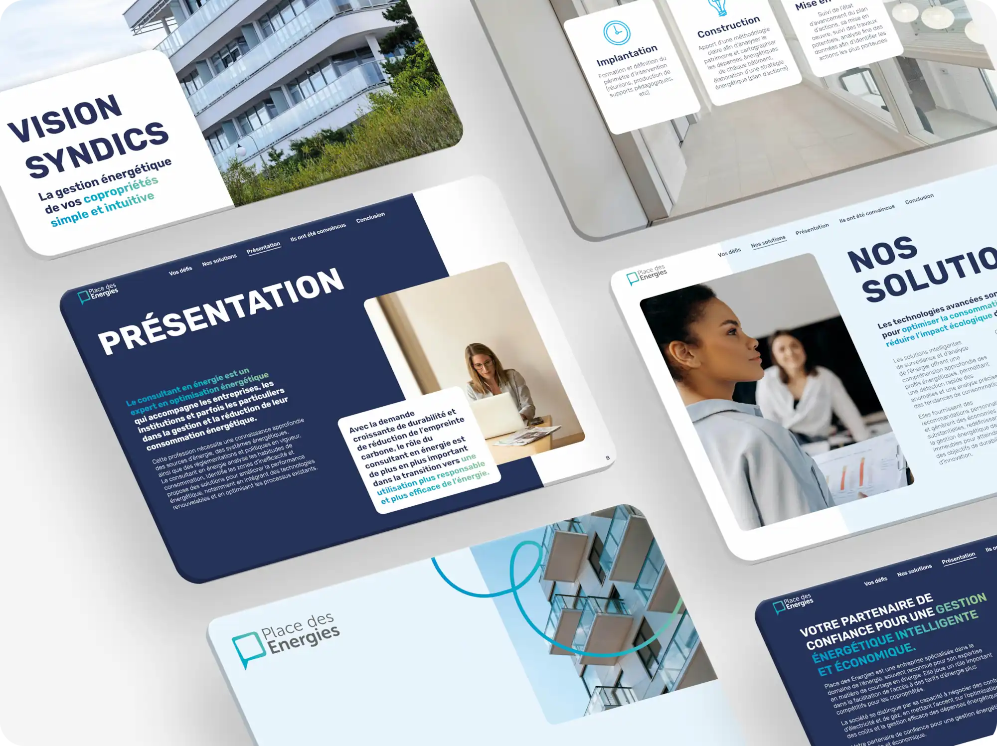 Plusieurs mises en page graphiques du dossier de présentation de Place des Energies : gestion syndic, présentation, solutions
