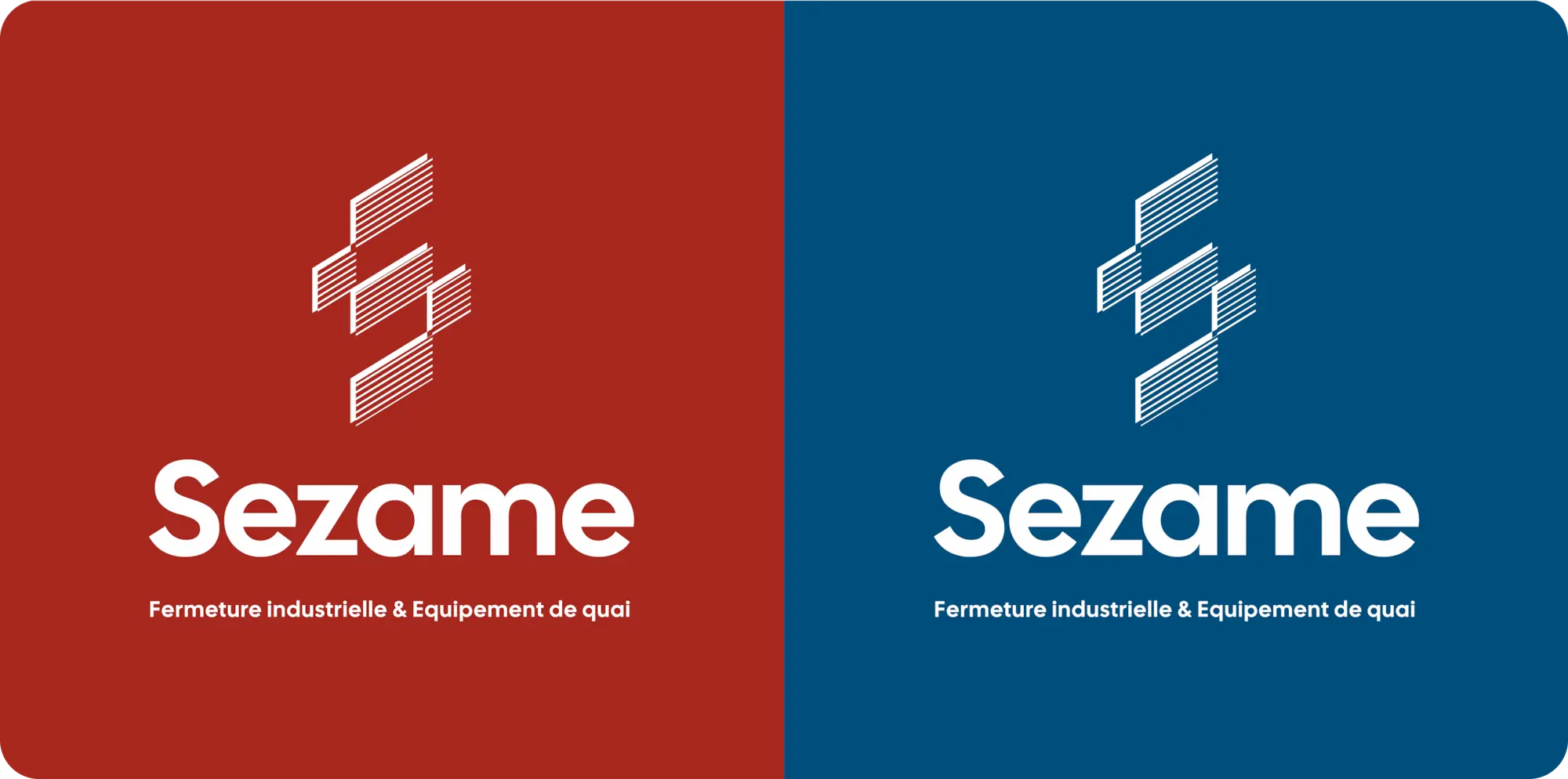 Déclinaison verticale du logo Sezame en deux couleur : sur fond rouge et bleu