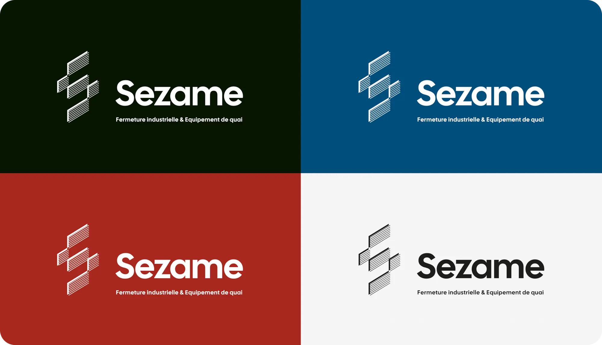 4 déclinaisons de couleur du logo Sézame : noir, bleu, rouge et blanc
