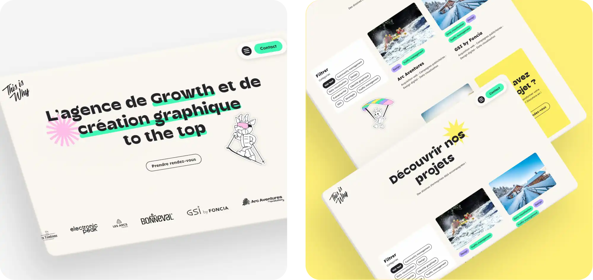 Aperçu desktop du site This Is Why : hero avec l'accroche "L'agence de Growth et de création graphique to the top", logos clients dont Electronic Peak et Arc Aventures, et vue de la page projets sur fond jaune