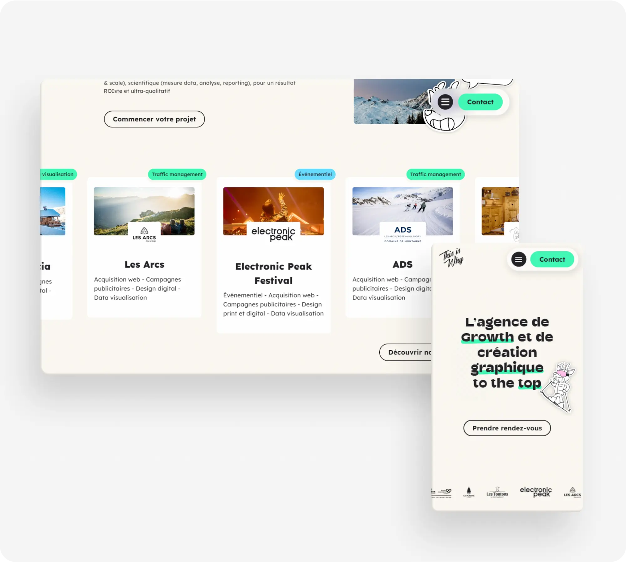 Vue desktop de la page projets de This Is Why avec les cases clients Les Arcs, Electronic Peak Festival et ADS, et maquette mobile affichant le hero de la page d'accueil