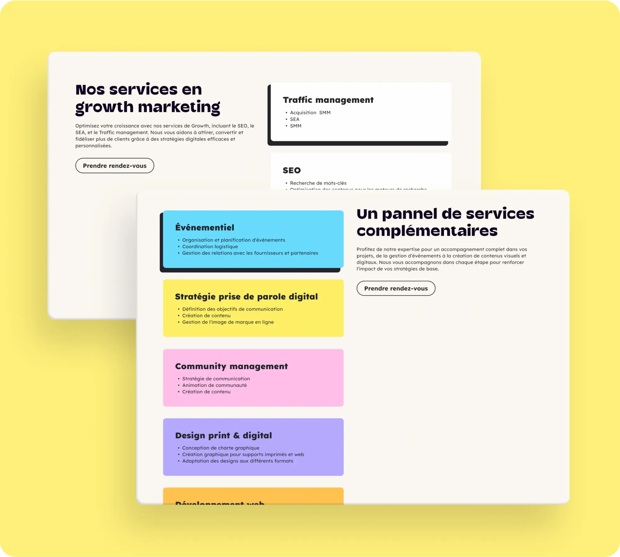 Deux écrans du site This Is Why présentant la page services : liste des offres growth marketing (SEO, SEA, SMM) et panneaux de services complémentaires colorés incluant événementiel, community management et design print