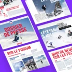 Aperçu de plusieurs pages du dossier de presse hiver 2025-2026 de Tignes, présentées en mosaïque sur fond violet, titres en rouge, photos de ski freestyle et de skieurs sur piste