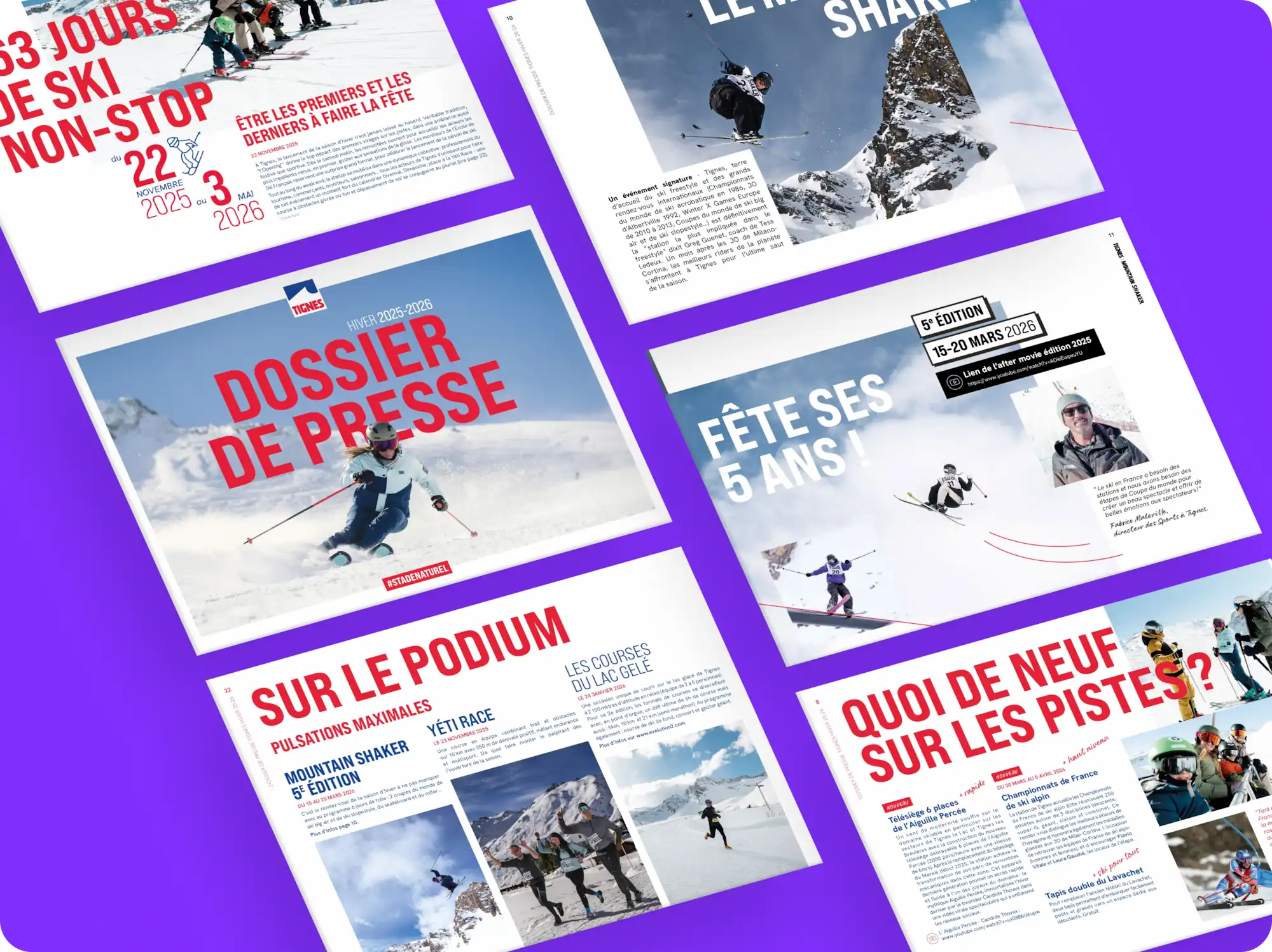 Aperçu de plusieurs pages du dossier de presse hiver 2025-2026 de Tignes, présentées en mosaïque sur fond violet, titres en rouge, photos de ski freestyle et de skieurs sur piste
