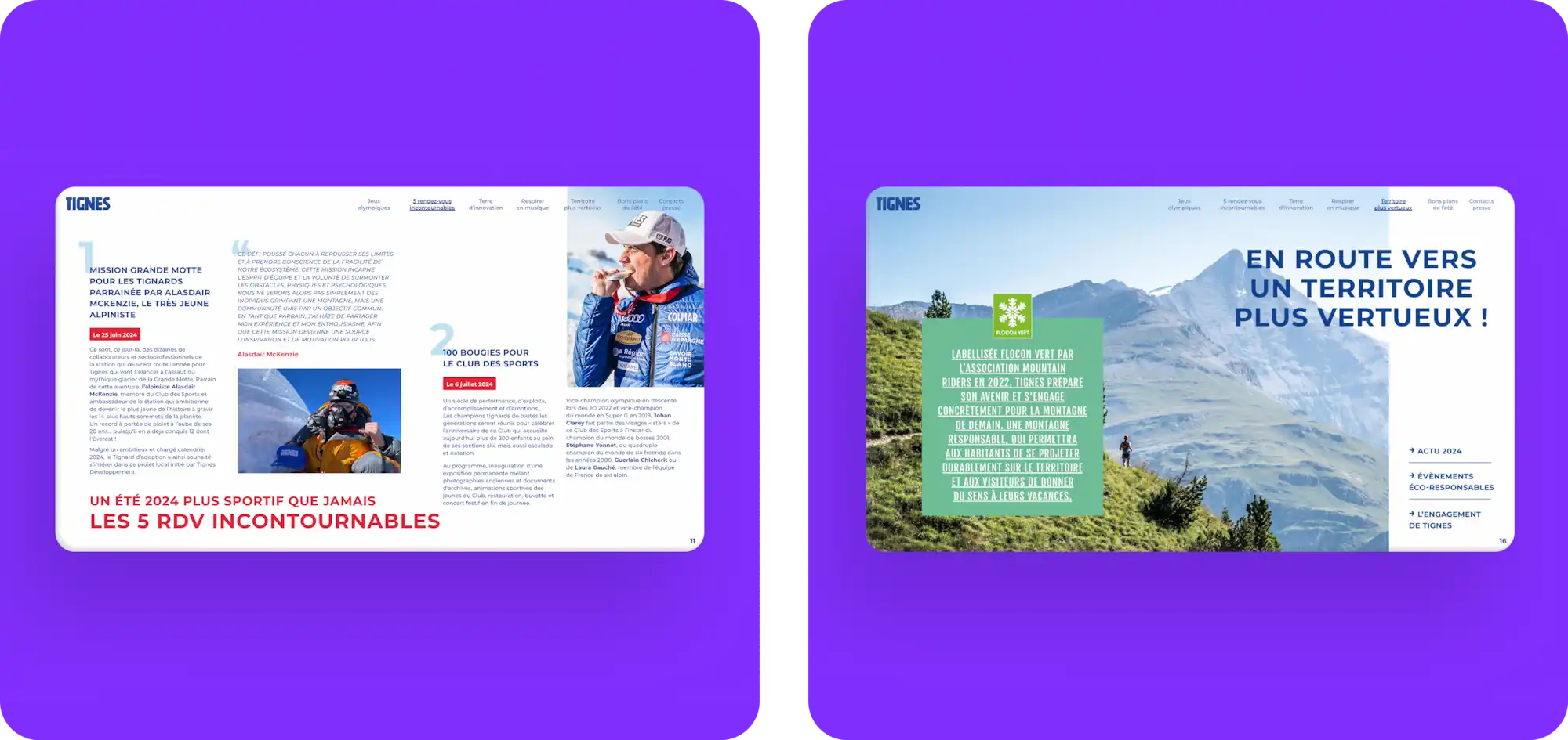 Deux captures de pages du dossier de presse interactif été 2024 de Tignes : à gauche, les 5 rendez-vous incontournables avec portrait d'athlète ; à droite, une double page 'En route vers un territoire plus vertueux' avec label Flocon Vert
