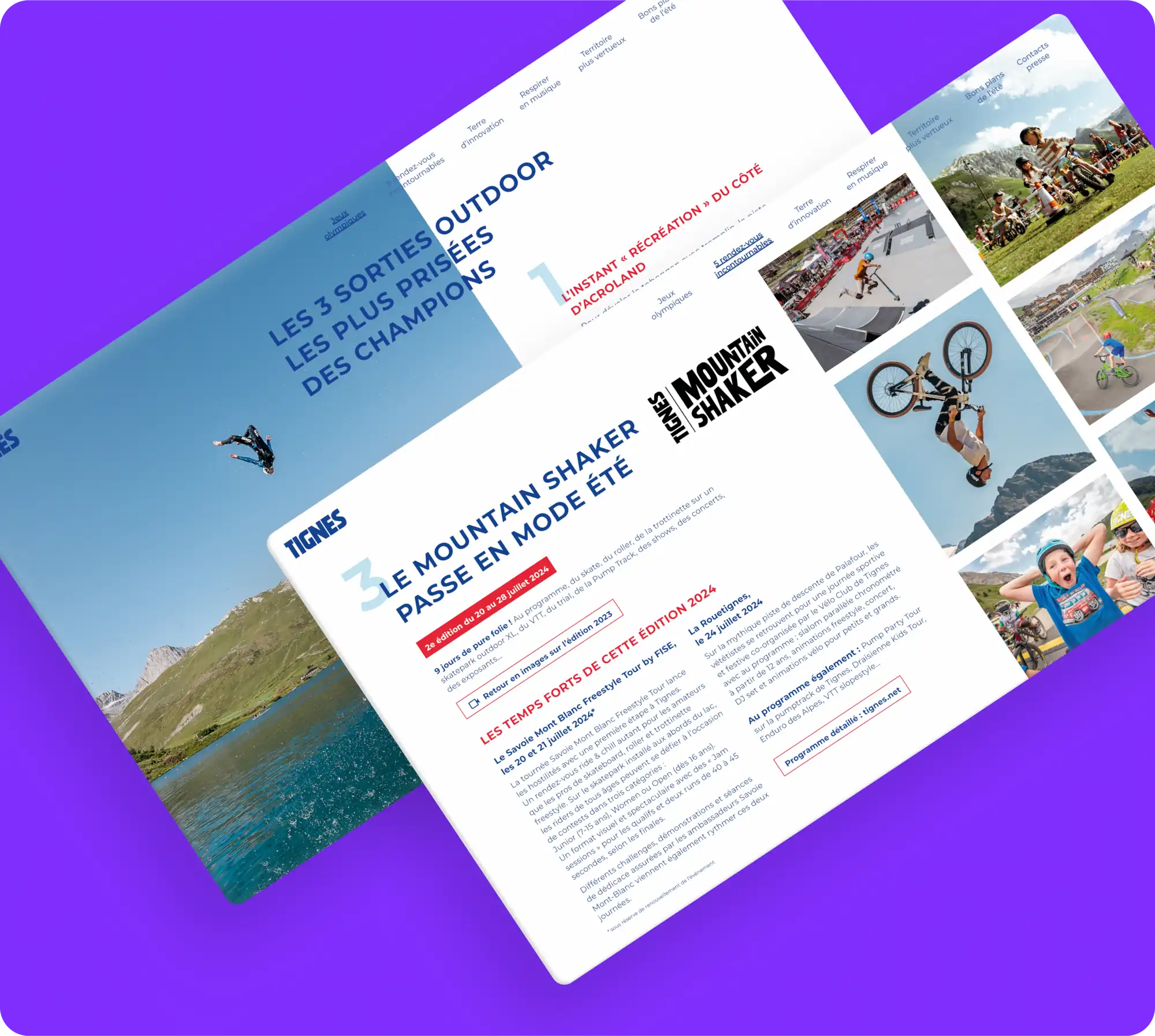 Pages intérieures du dossier de presse été de Tignes mettant en avant le Mountain Shaker, avec des photos de sports extrêmes en montagne et des mises en page dynamiques sur fond violet