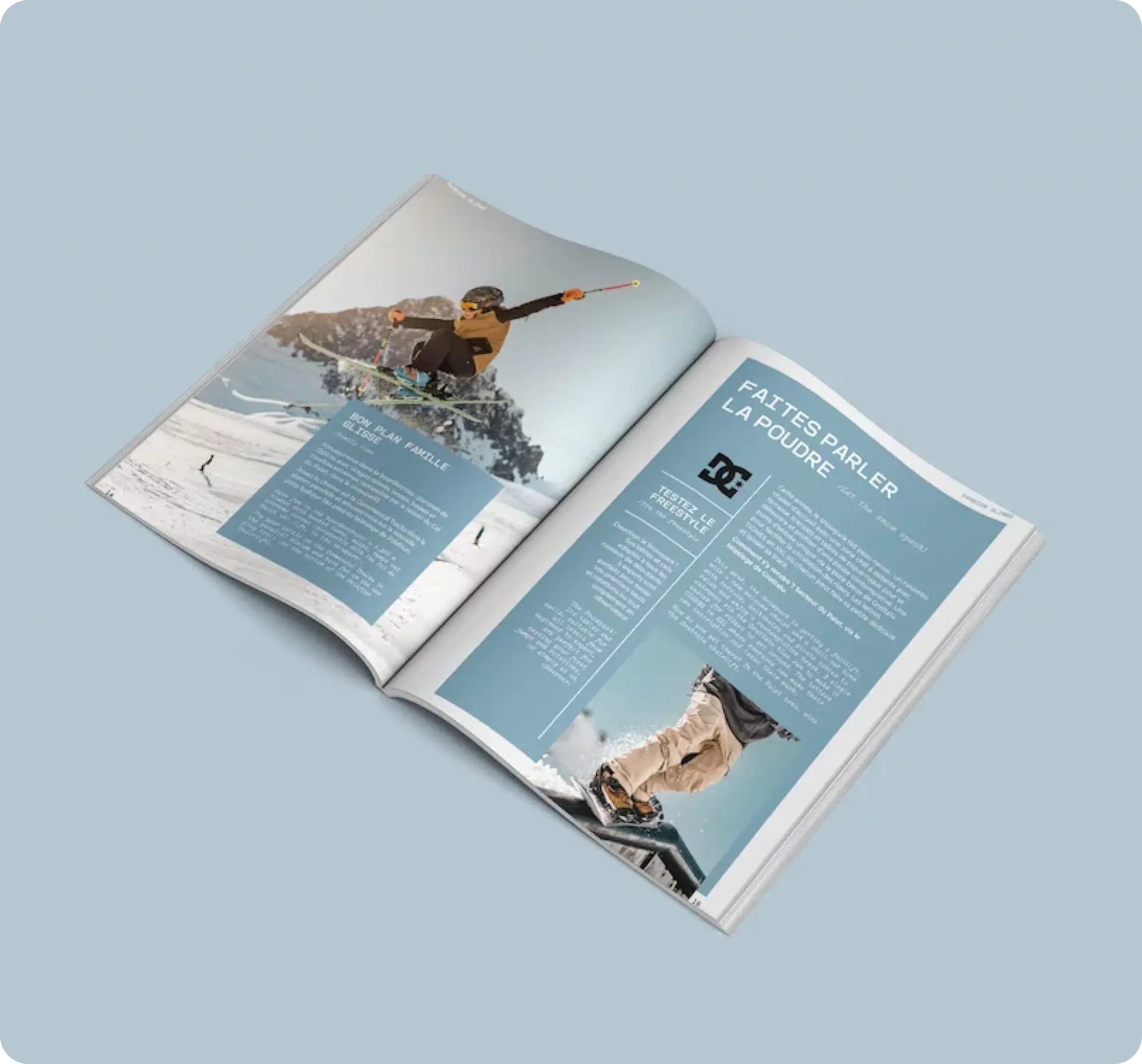 Guide pratique hiver de Tignes ouvert sur une double page bleue intitulée 'Faites parler la poudre', avec photos de skieurs freestyle et rubrique 'Testez le freestyle' en partenariat DC Shoes