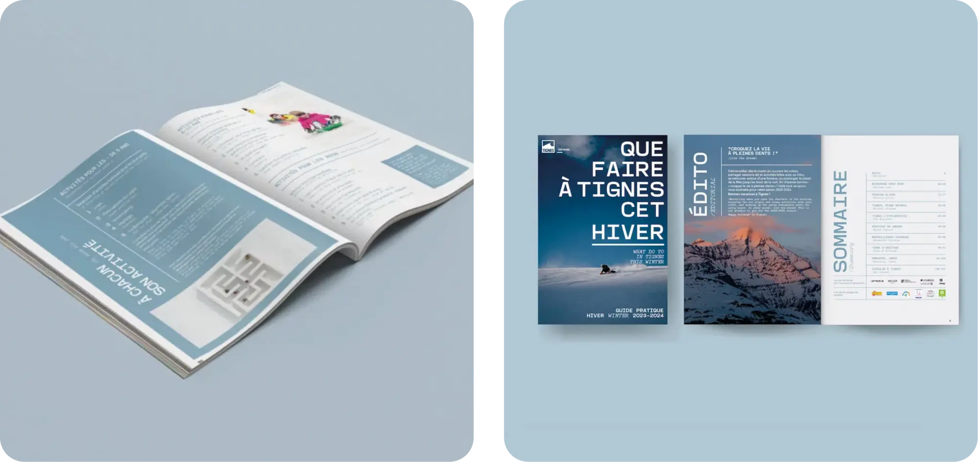 Présentation du guide pratique hiver 2023-2024 de Tignes : à gauche, une double page activités pour enfants sur fond bleu clair ; à droite, la couverture du guide 'Que faire à Tignes cet hiver' et la page sommaire