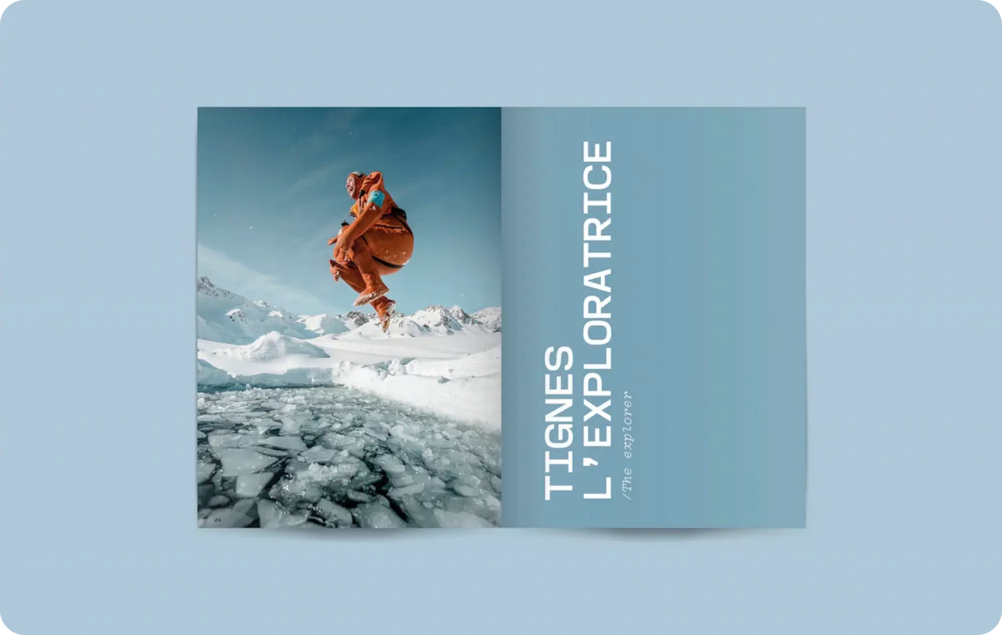 Double page chapitre du guide pratique de Tignes intitulée 'Tignes l'exploratrice', avec une photo pleine page d'un snowboardeur en combinaison orange sautant au-dessus d'un lac gelé