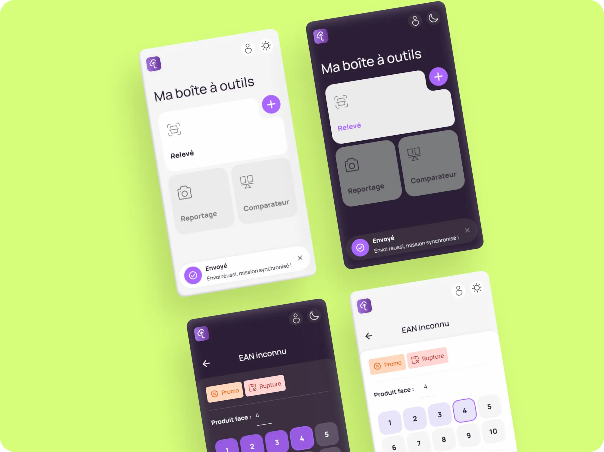 Écrans mobile de l'application Vigie Terrain : page d'accueil de la boîte à outil et clavier pour entrer code EAN. Light et dark mode.
