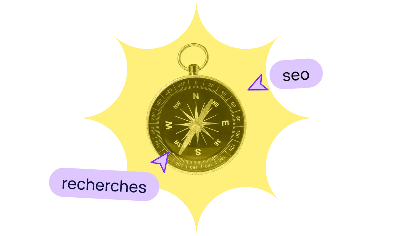 Boussole en fond avec les textes "recherches" et "seo"