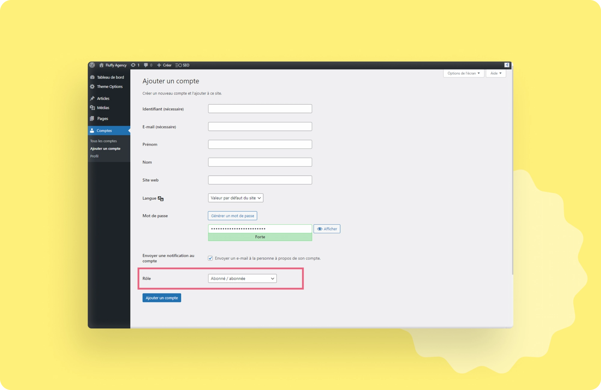 Capture d'écran de la page Ajouter un compte, du back office WordPress, avec l'encart "Rôles" entouré