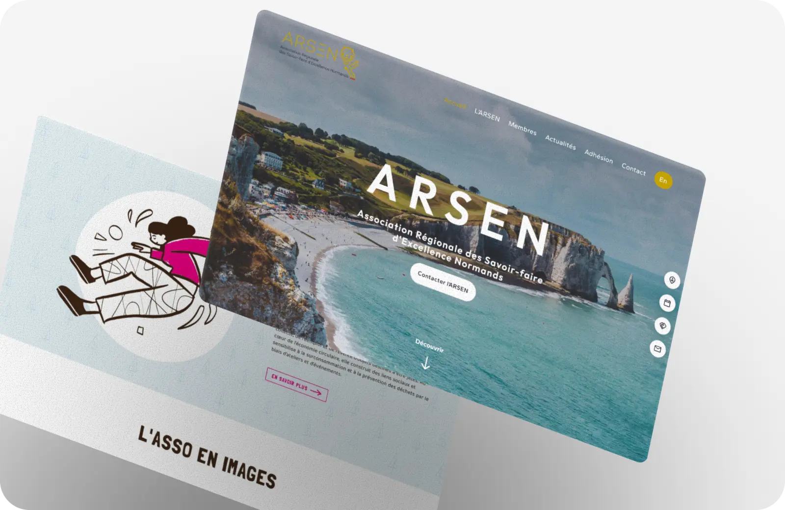Deux pages d'accueil de sites web d'association superposées : l'ARSEN et Jetzyplu