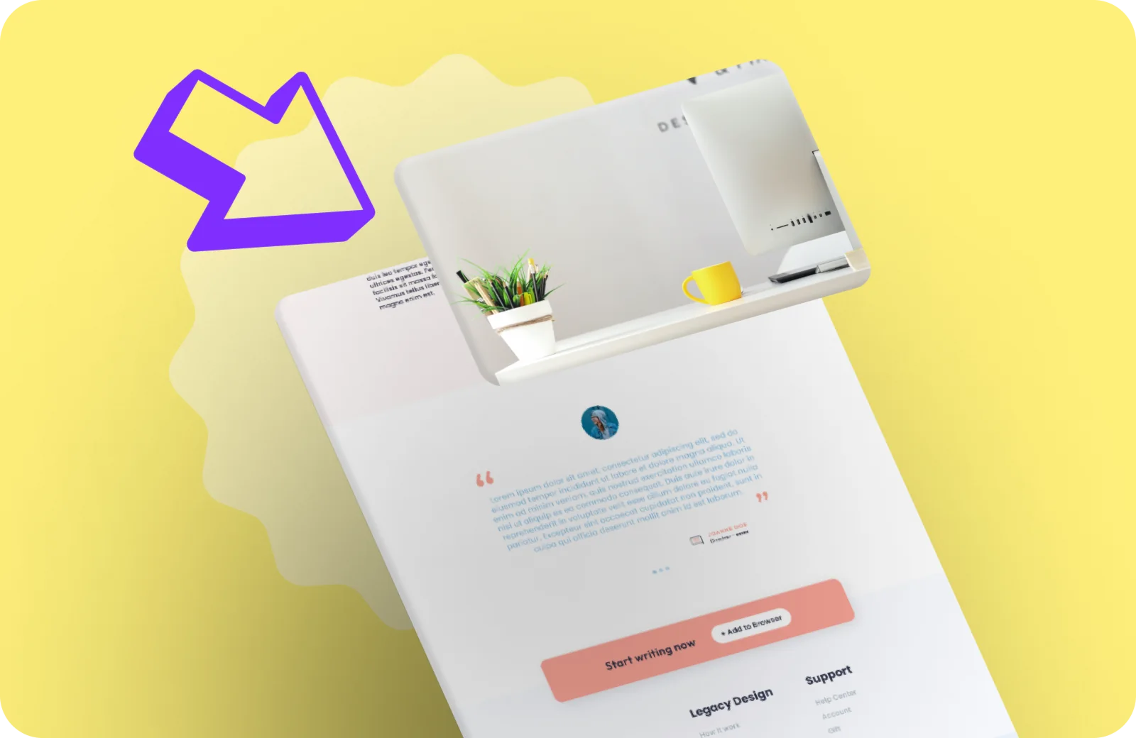 Webdesign d'une page de site avec une flèche vectorielle qui pointe une photo de bureau superposée dessus