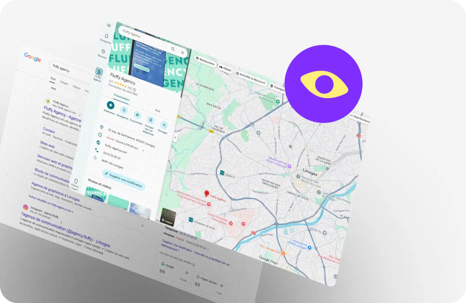 Résultats Google et fiche Google Business Profile de Fluffy Agency sur Google Maps localisant l'agence à Limoges, avec un pictogramme œil violet et jaune en surimpression - visuel d'illustration pour un article sur le référencement local et la visibilité sur Google